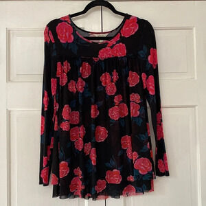 Matilda‎ Jane Winter Blooms Long Sleeve Pink Rose Floral Tulle Overlay Black Top